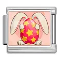 Stainless steel Italian modular bracelet charm with cute Easter bunny and star egg - Rabbit Holding Red Egg with Yellow Stars (ICP-JCAA0169-1)