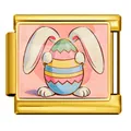 Golden stainless steel Italian modular bracelet charm featuring Easter bunny and egg - Rabbit Holding Colorful Striped Egg (ICP-JCAA0184-2)