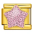 Gold stainless steel Italian charm link featuring a pink heart leopard print star design - Gold Heart Pink Leopard Star (ICP-WJAA0008-2)