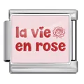 Charm per bracciale modulare italiano rosa in acciaio con scritta 'la vie en rose' e rosa - Stile Floreale Rosa (ICP-JCAA0066-1)