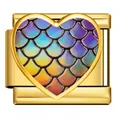 Goldenes italienisches Charm-Glied mit Herzform und bunten Meerjungfrauenschuppen - Gold Heart Fish Scale (ICP-JHAA024-2)