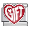 Stainless steel Italian modular heart charm featuring a red enamel 'GIFT' design for DIY bracelets - GIFT Heart Style(JHAA0002-1) / Silver