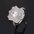 Close-up detail of silver mens flower ring with emerald-cut zirconia and pavé stones. - Size 8 / Fashion Floral Style (KYT064) / Silver