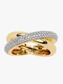 Close-up detail of a gold-plated crossover ring with shimmering pavé-set stones. - Size 6 / Gold and Silver Tone
