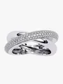 Detailed close-up view of a silver interlocking criss-cross ring with pavé-set clear stones. - Size 6 / Silver (Platinum Plated)