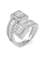 Detail view of a luxury bypass ring featuring square heads and sparkling cubic zirconia. - Size 6 / Platinum