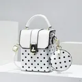 Stylish white polka dot crossbody bag with top handle and matching coin purse charm - 13*7*17 / White