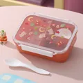 Cartoon 3-compartment plastic bento box for students with reusable spork - Bear Theme / 890ml / Brown