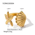Gold stainless steel open ring featuring a detailed starfish and seashell nautical design - Starfish Shell Style (YCRW2305004) / Inner Diameter 1.76cm / Gold