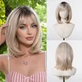 Vistas detalladas de peluca bob corta rubia degradada con flequillo y ondas naturales - 12 Pulgadas / Dorado Claro Ombré (MWLC1011-1)