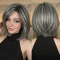 Close-up detail of gray highlighted short bob wig for women with stylish layered cut - Mixed Silver Gray