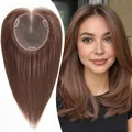 Detailed view of a brown human hair topper showing the breathable Swiss lace base and clips - Dark Brown