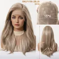 Detail view of 20 inch long wavy blonde lace wig with 13x6 hand-tied lace cap structure - Gold Brown