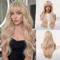 Detailed multi-angle view of long wavy rose gold synthetic wig with fringe bangs - 24 inch / Gold (1368-1)
