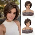 Detail view of short brown bob wig with blonde highlights on model and mannequin - Brown Highlight