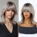 Ash blonde ombre lob wig with bangs shown on model and mannequin for realistic look - Collarbone Length Full Head Wig (LC3172-2) / Ombre Ash Blonde