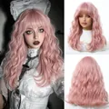 Professional detail view of a pink long wavy cosplay wig with bangs shown from multiple angles - Pink (16inch)