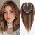 Natural brown ombre hair topper for women with breathable Swiss lace base and clips - Brown Highlight