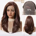 Detailed view of a 20-inch long wavy brown Futura lace wig with a 13x6 hand-tied cap structure - Dark Wine Red