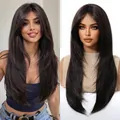 Close-up showing the natural texture and style of this cool brown long straight wig - Ash Brown (SWLC1302-1BR24)