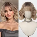 Short platinum blonde wavy bob wig with bangs shown on a model and a mannequin head - Lazy Milk Coffee-1238-7(10inch)