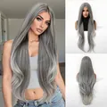 Long 32-inch grey wavy synthetic wig with layered middle part style for stylish women - Dark Gray-1330-2(32inch)