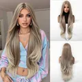 Long layered ash blonde synthetic wig with middle part, 32 inch length for daily or holiday use. - Coffee-1330-3(32inch)