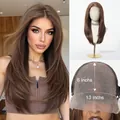 Detail view of 13x6 lace front wig cap structure with long layered brown synthetic hair - Fashion Western Style (SWLF1068-6BL22) / Linen Brown