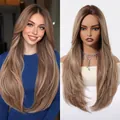 Longue perruque lisse marron clair avec frange sur modèle et mannequin - Avec Filet à Cheveux / Or blanc