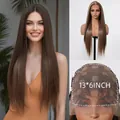 Close-up detail of 13x6 lace frontal wig with long straight brown highlighted hair - 70cm / Highlighted Brown