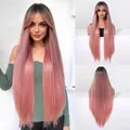 Long straight pink ombre synthetic wig with curtain bangs for women detail view - 30inch / Gradient Pink