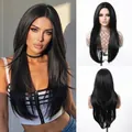 Detail view of long black layered straight wig with middle part on model and mannequin - Black (WL1101-1)