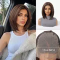 Detailed view of 13x6 lace front brown bob wig showing natural texture and mesh - 13x6 Lace / Black Brown