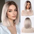 Detail view of 13x6 lace front synthetic wig with model and mannequin front back shots - 13x6 Lace (14 Inch) / Ombre Platinum