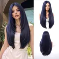 Professional long layered straight navy blue hair wig with middle part for women - Blue (LC1278-1)