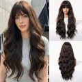 Long wavy dark brown wig with neat bangs and natural matte finish - 26 Inches / Black Brown (1411-1)