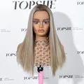 Detail of long straight ash brown human hair wig on mannequin with Swiss lace front - Linen Highlight (4#)