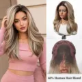 Lange ombre blonde golvende lace front pruik met 60% menselijk haar mix professioneel - Ombre Goud