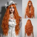 Long wavy orange cosplay wig with bangs shown from multiple angles for Halloween - Orange Yellow (30inch)