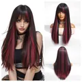 Detailed view of long straight black synthetic wig with red highlights and bangs - Black and Red Highlights