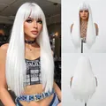 Long white straight synthetic wig with bangs shown from various front and back views. - White