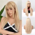Long straight blonde wig with bangs made of matte high-temperature synthetic fiber - Gold