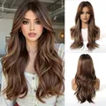 Peluca larga ondulada marrón con mechas y flequillo cortina, vistas detalladas multiangulares. - Estilo Marrón con Mechas y Flequillo Degradado (SWLC1358-1BR22)