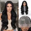 13x6 lace front wig long wavy black synthetic hair with breathable mesh detail - 26 Inch Black