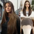 Detailed view of 13x6 hand-tied lace front wig with long straight Futura synthetic hair - Large Area Lace / Dark Brown