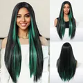 Detailed view of long straight black synthetic wig featuring vibrant green highlights - Green Highlight