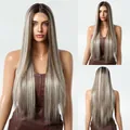 Perruque longue et lisse ombrée blonde lace front avec délié naturel pour femme - Gris Dégradé