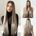 Professional long straight 13x6 lace front wig with blonde highlights and natural part. - 72cm / White Highlight Brown