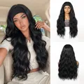 Long black wavy headband wig for women featuring natural synthetic hair texture - Black (26inch)