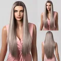 Front, side, and back views of an ash blonde long straight lace front wig. - Ash Gray Ombre Blonde(SWLF1021-2PL30)